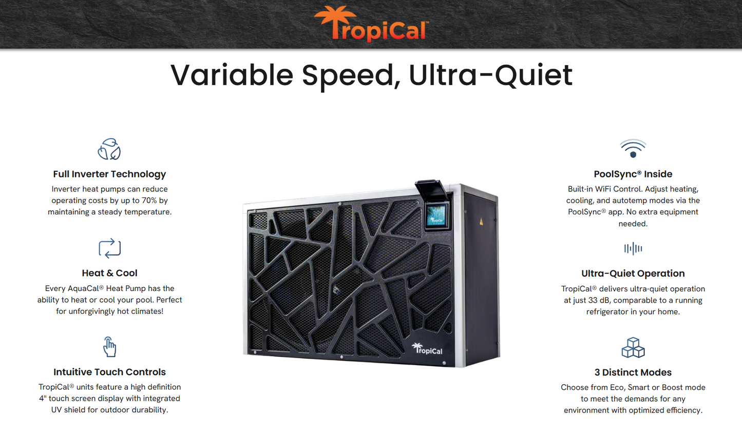AquaCal TropiCal T70 Inverter Pool Heat Pump | 63k BTU Pool Heater